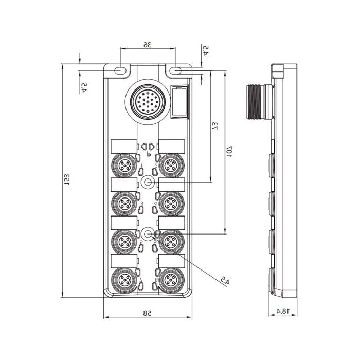 M12 junction box, dual channel, PNP, 8-port split, LED, M23 integrated interface dock, 24P8LT